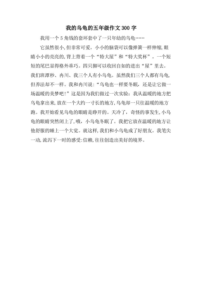 我的乌龟的五年级作文300字