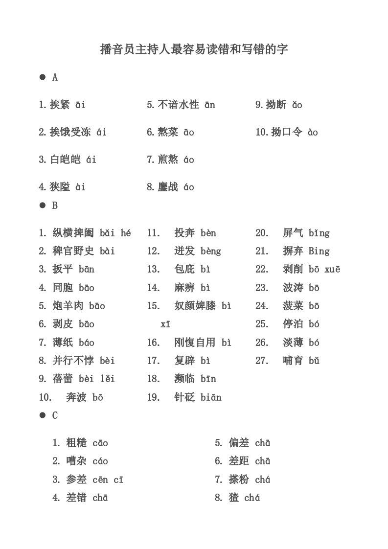 播音员主持人最容易读错和写错的字