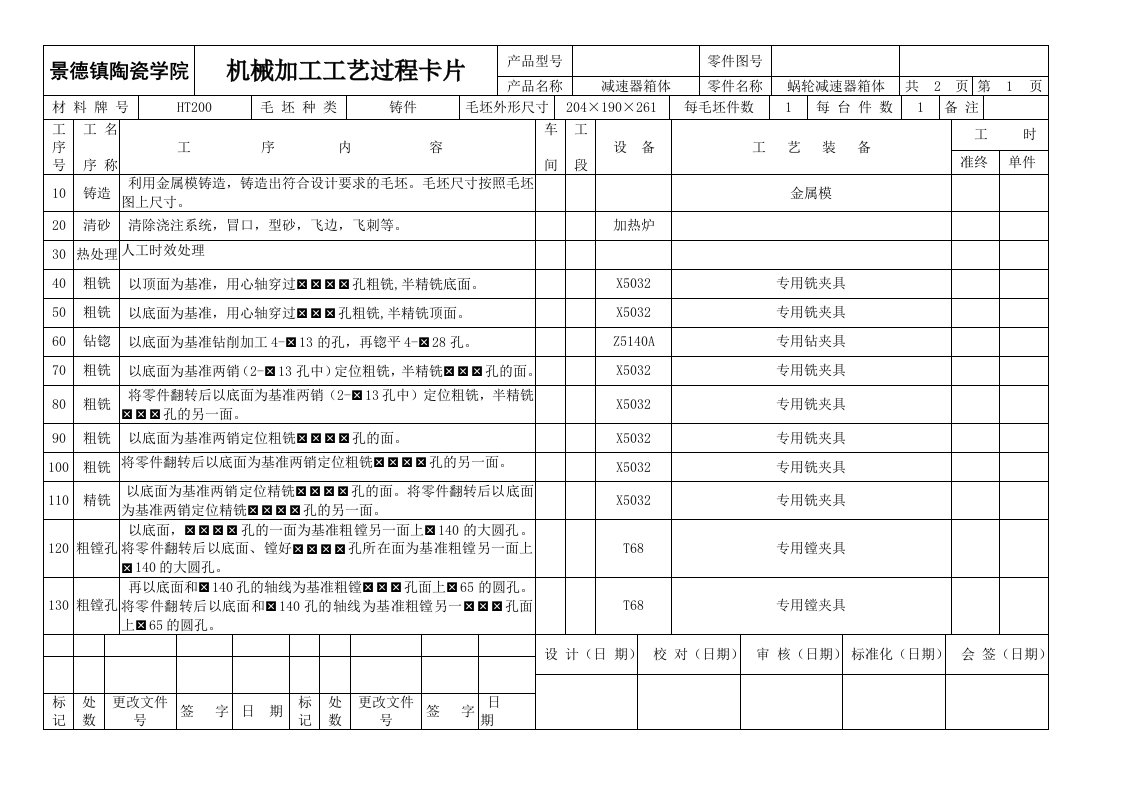 蜗轮减速器箱体机械加工工艺规程卡片