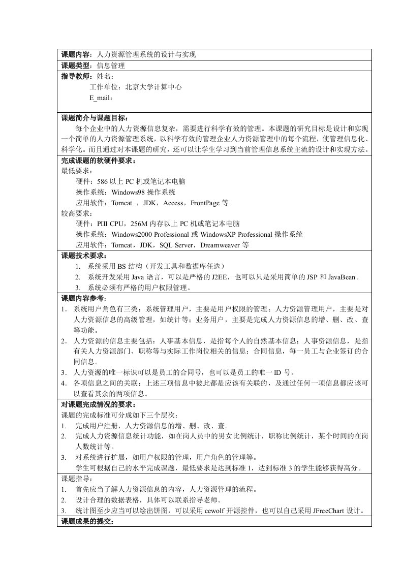 课题内容：人力资源管理系统的设计与实现