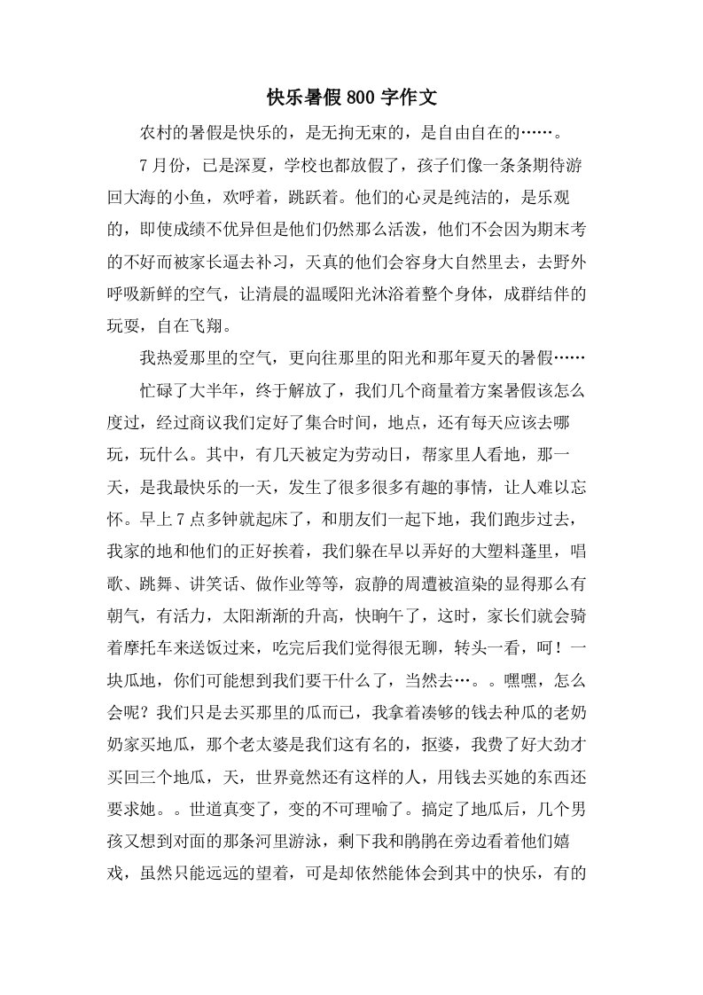 快乐暑假800字作文