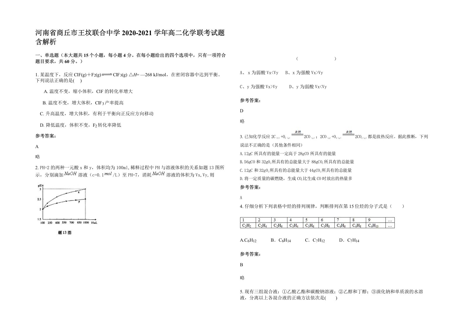 河南省商丘市王坟联合中学2020-2021学年高二化学联考试题含解析