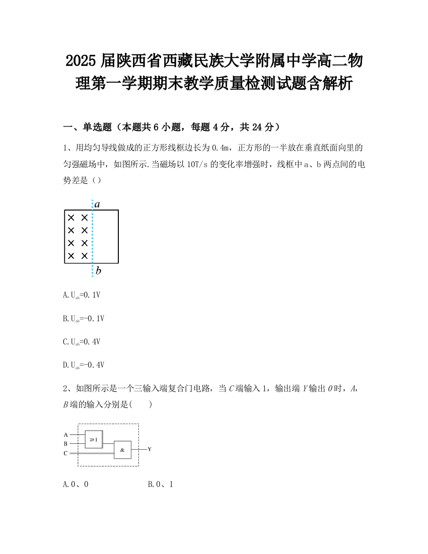 2025届陕西省西藏民族大学附属中学高二物理第一学期期末教学质量检测试题含解析