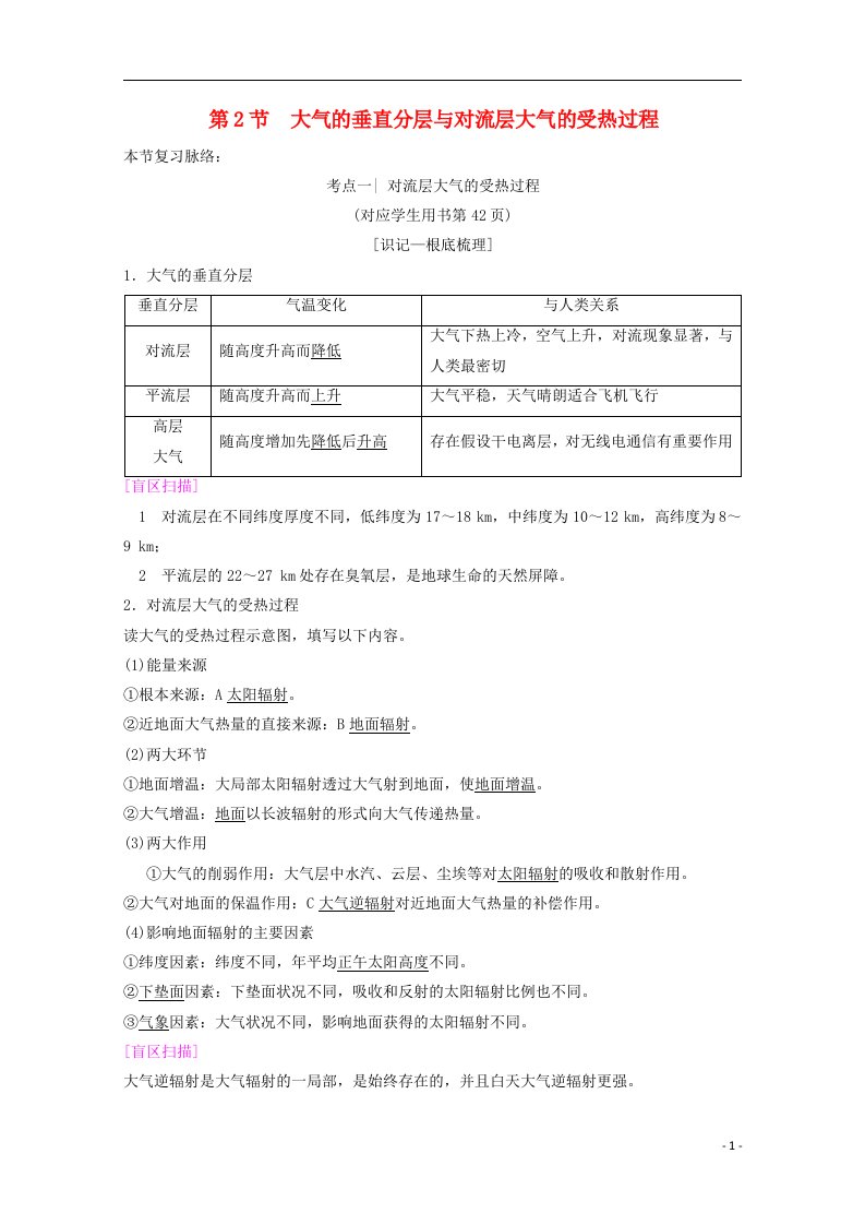 高考地理一轮复习第2章自然环境中的物质运动和能量交换第2节大气的垂直分层与对流层大气的受热过程学案新