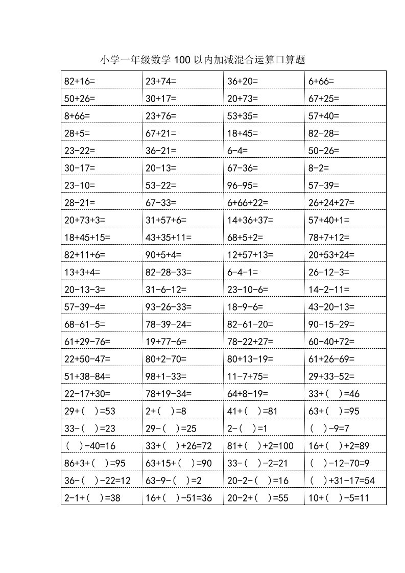 小学一年级数学100以内加减混合运算口算题