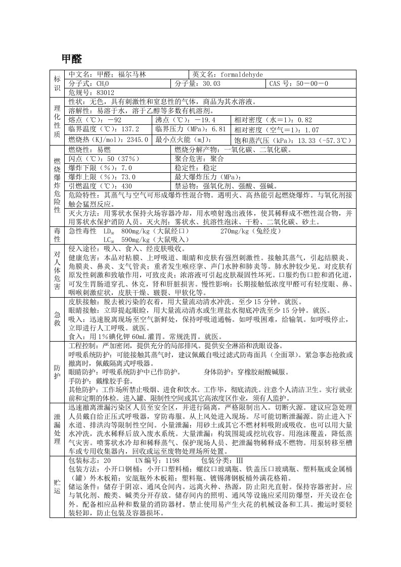 甲醛(MSDS)安全技术说明书