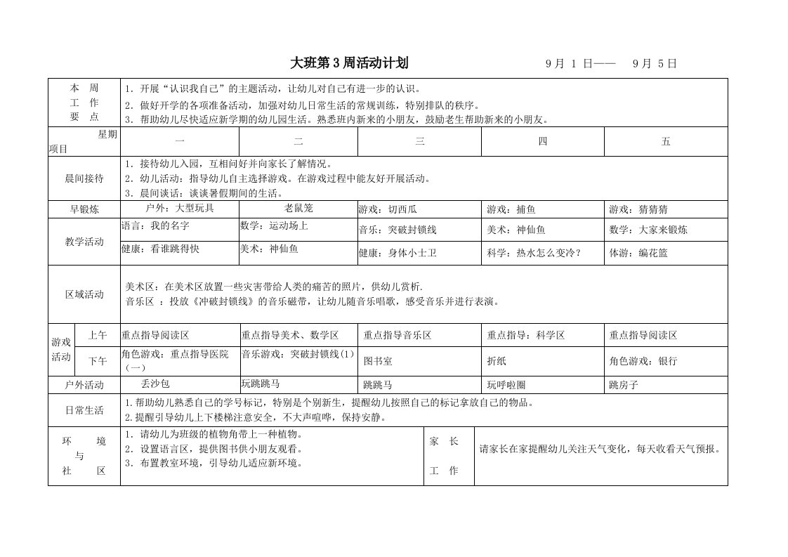 幼儿园大班周计划表秋季