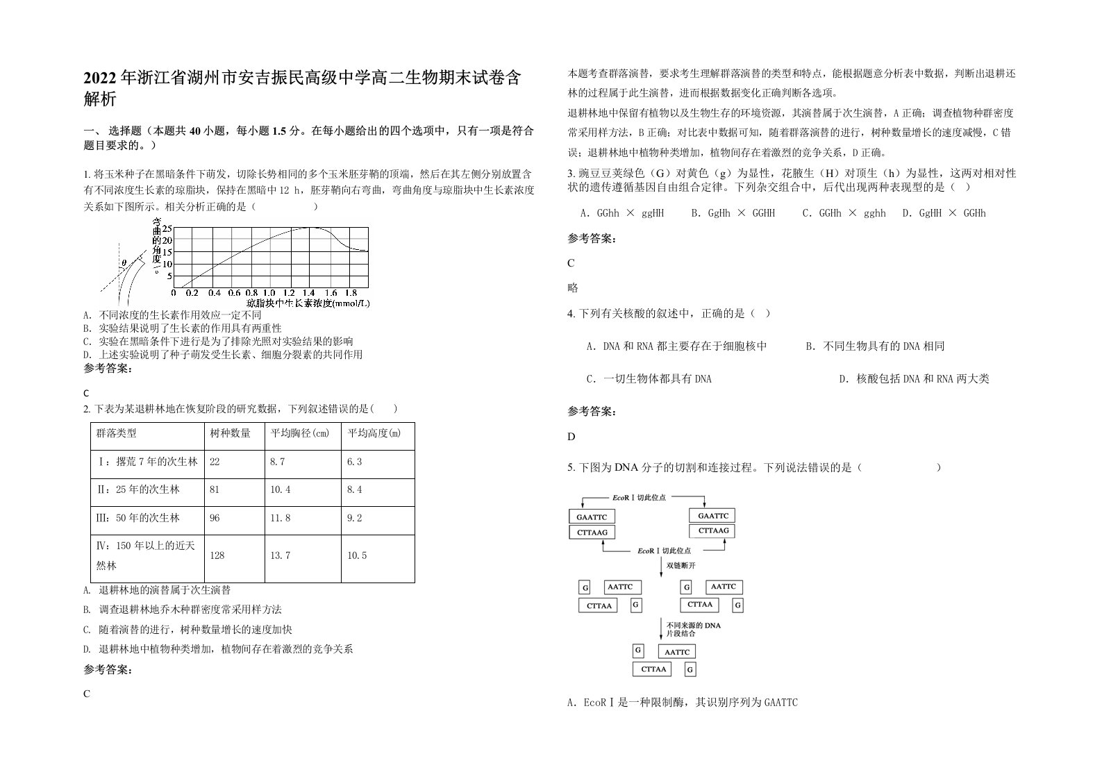 2022年浙江省湖州市安吉振民高级中学高二生物期末试卷含解析