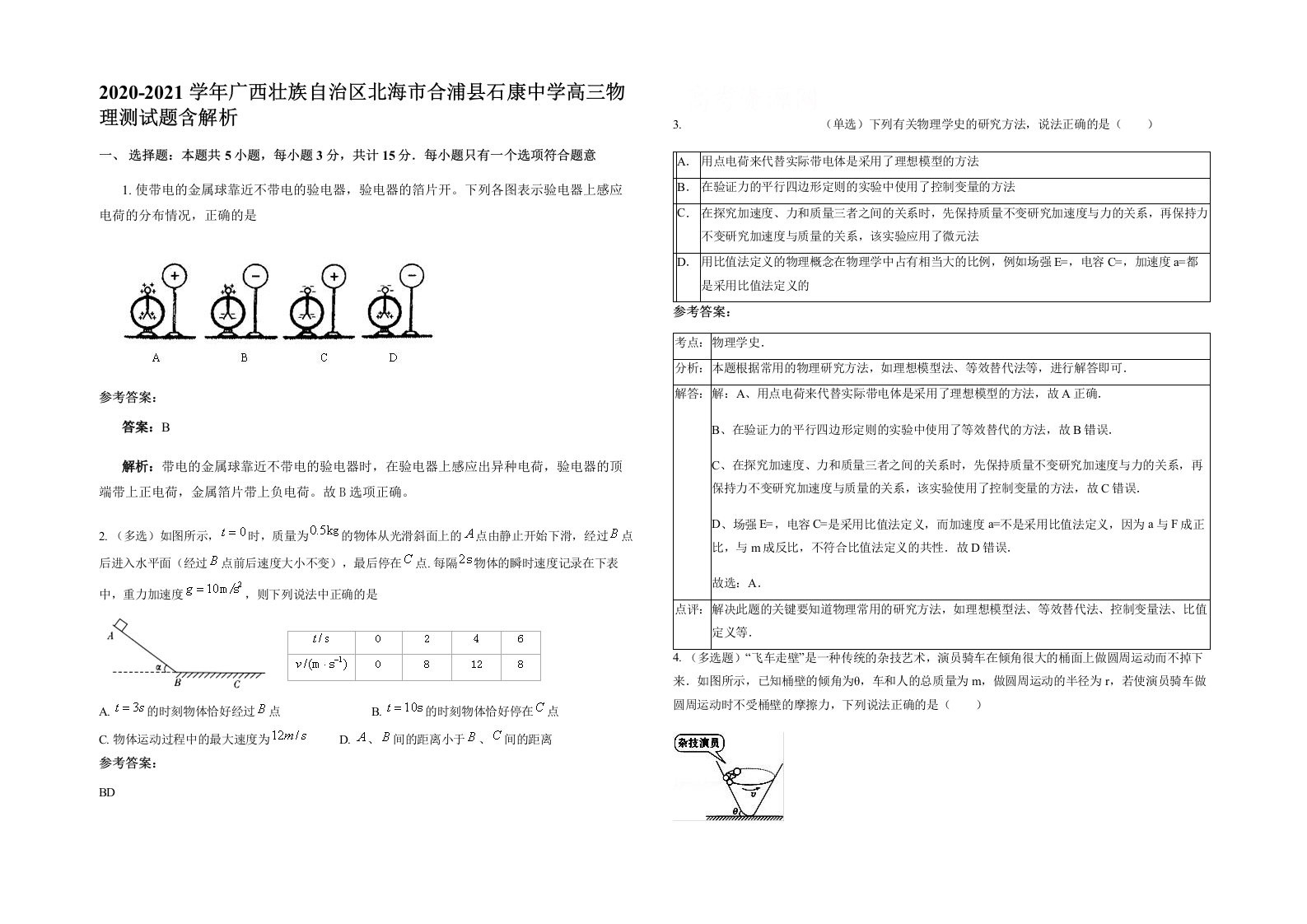 2020-2021学年广西壮族自治区北海市合浦县石康中学高三物理测试题含解析