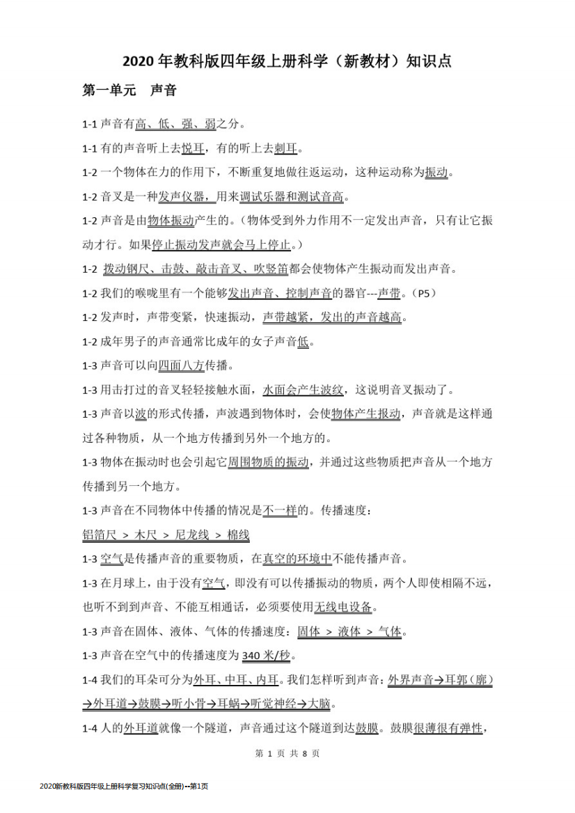 2020新教科版四年级上册科学复习知识点(全册)