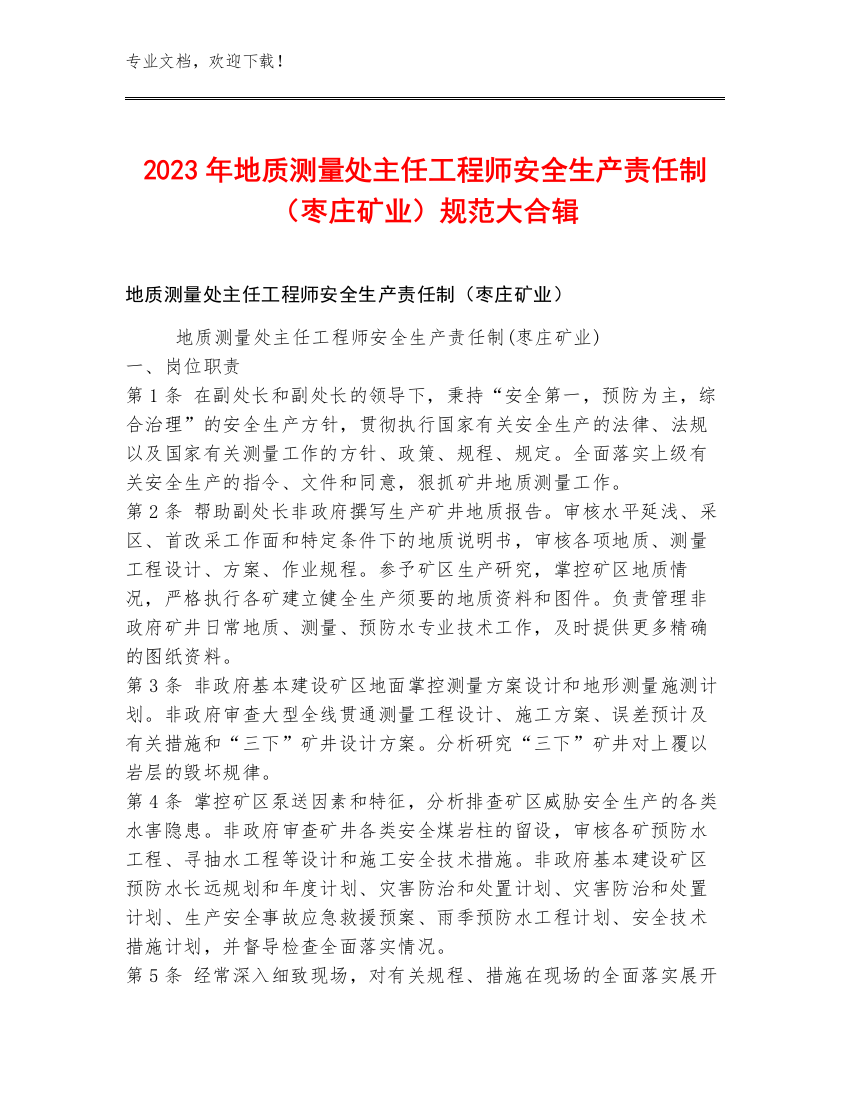 2023年地质测量处主任工程师安全生产责任制（枣庄矿业）规范大合辑