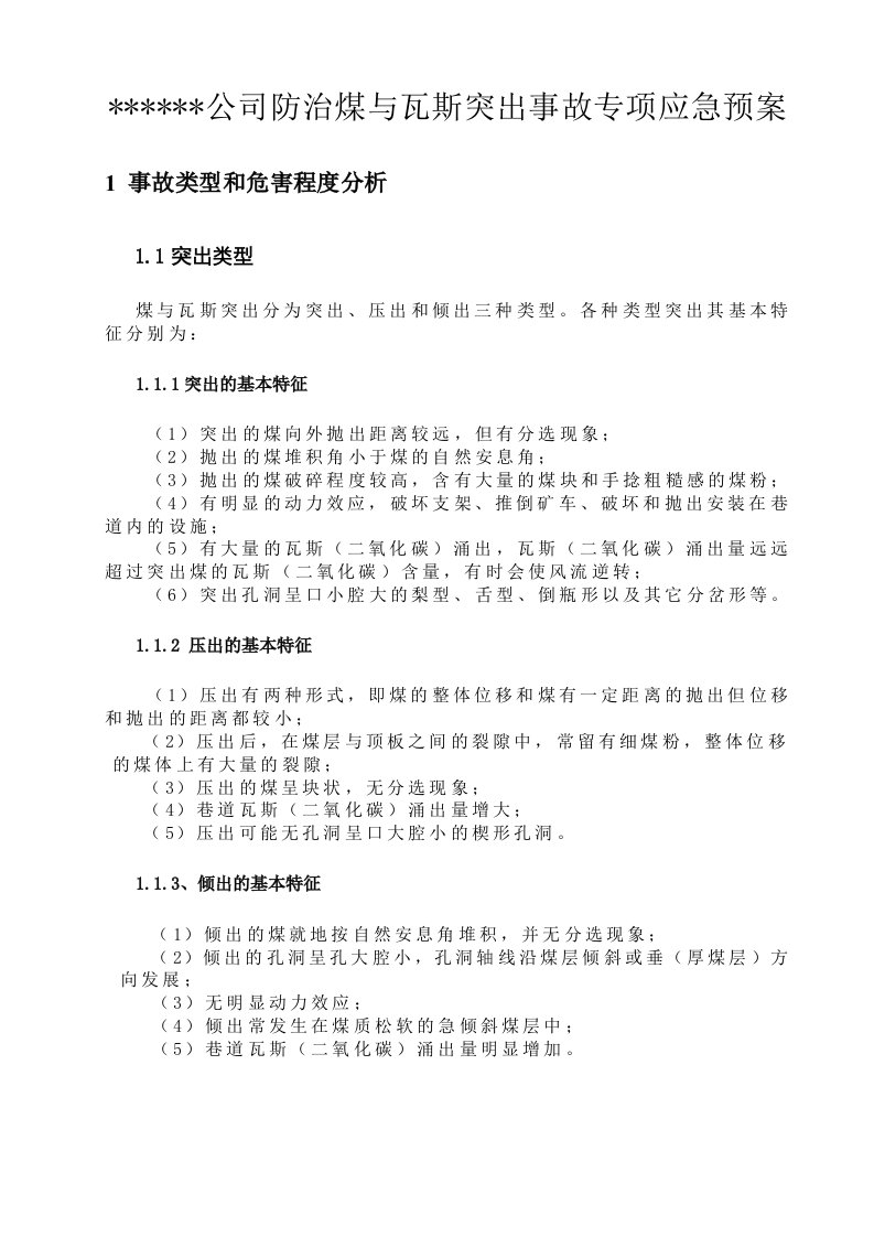 分子公司防治煤与瓦斯突出专项应急预案