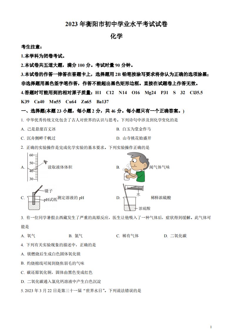 精品解析：2023年湖南省衡阳市中考化学真题（原卷版）