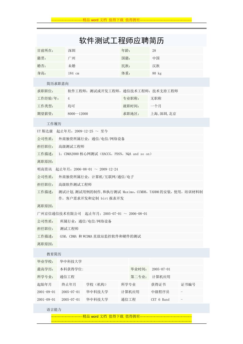 软件测试工程师应聘简历