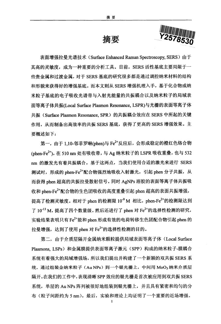 共振SERS基底设计和增强机理研究