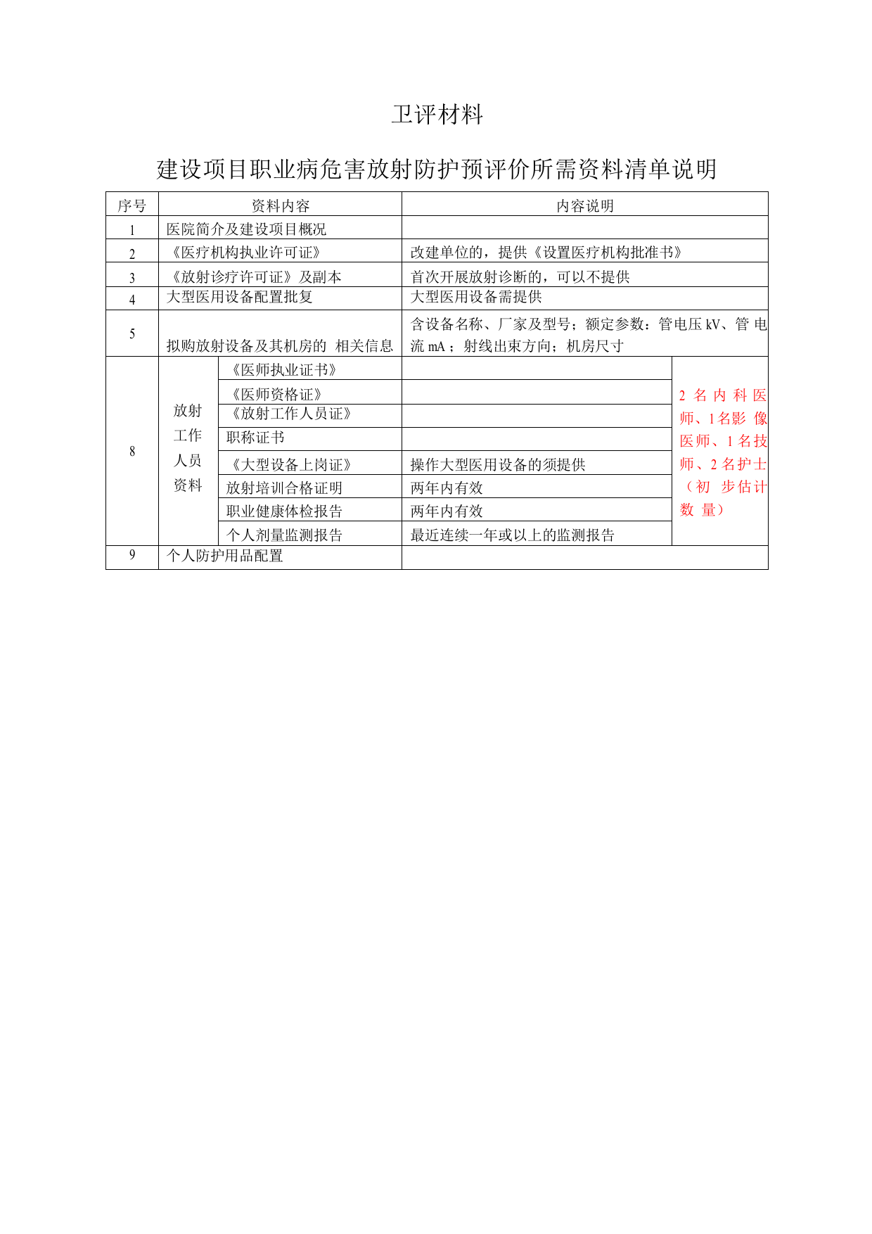 卫评材料建设项目职业病危害放射防护预评价所需资料清单说明