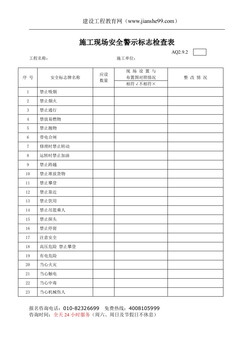 施工现场安全警示标志检查表