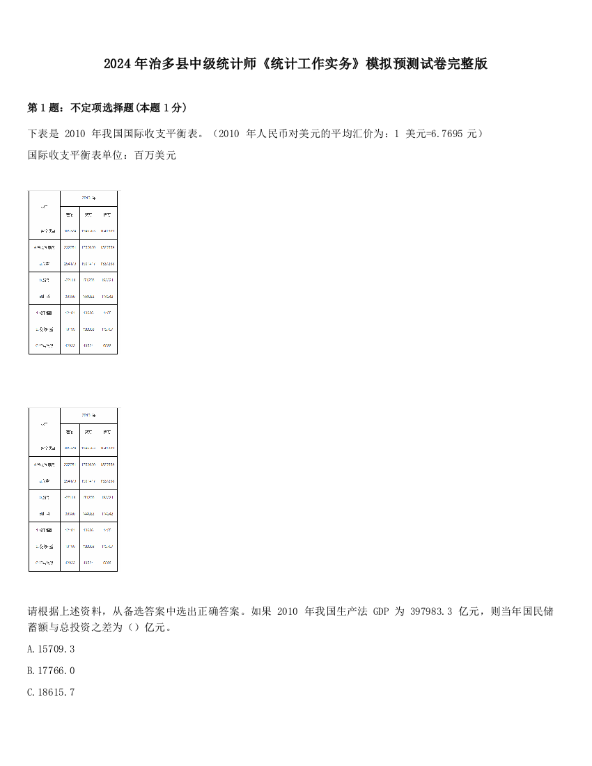 2024年治多县中级统计师《统计工作实务》模拟预测试卷完整版