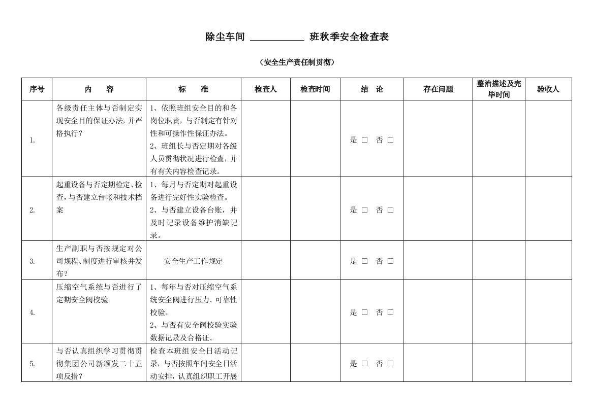 秋季安全检查表样本