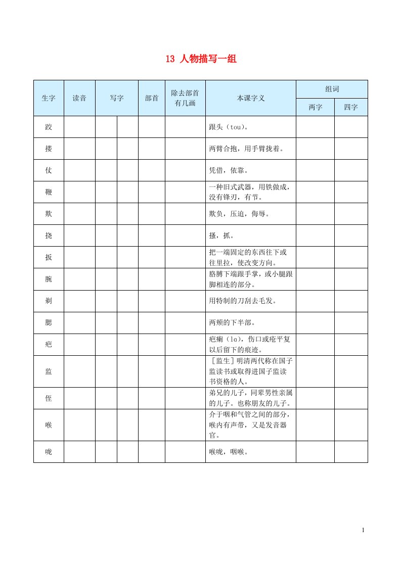 2023五年级语文下册第五单元13人物描写一组生字预习单学用新人教版