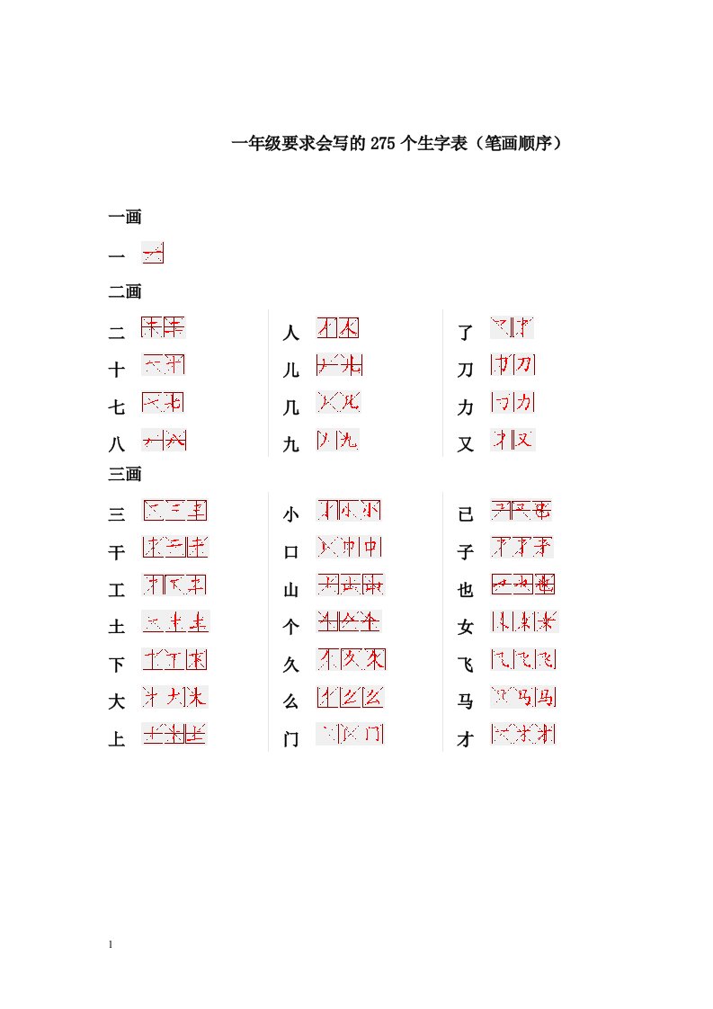 一年级要求会写的275个生字表(笔画顺序)教学案例