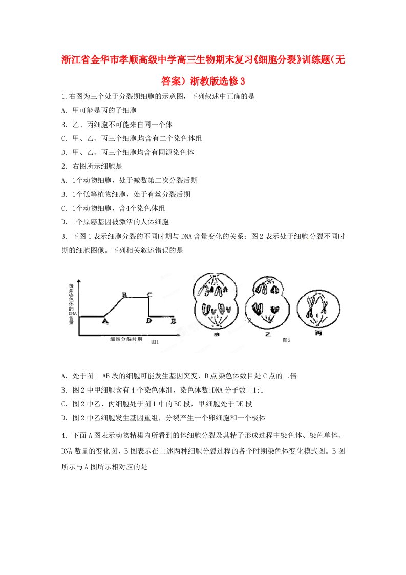 浙江省金华市孝顺高级中学高中生物期末复习《细胞分裂》训练题（无答案）浙教版选修3