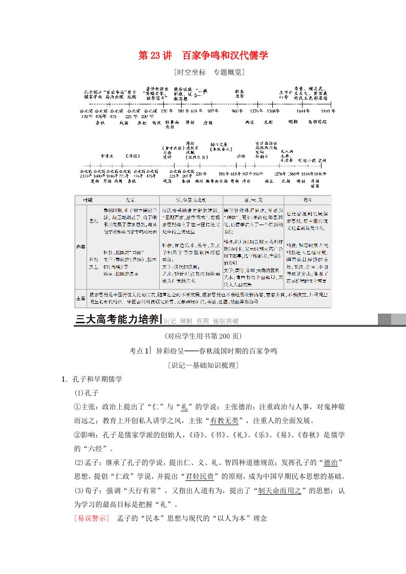 高考历史总复习百家争鸣和汉代儒学学案人民版