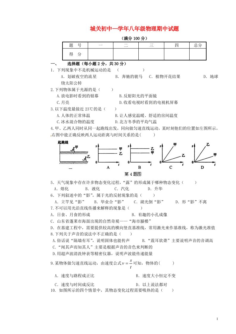 甘肃省静宁县城关初级中学八级物理上学期期中试题（无答案）