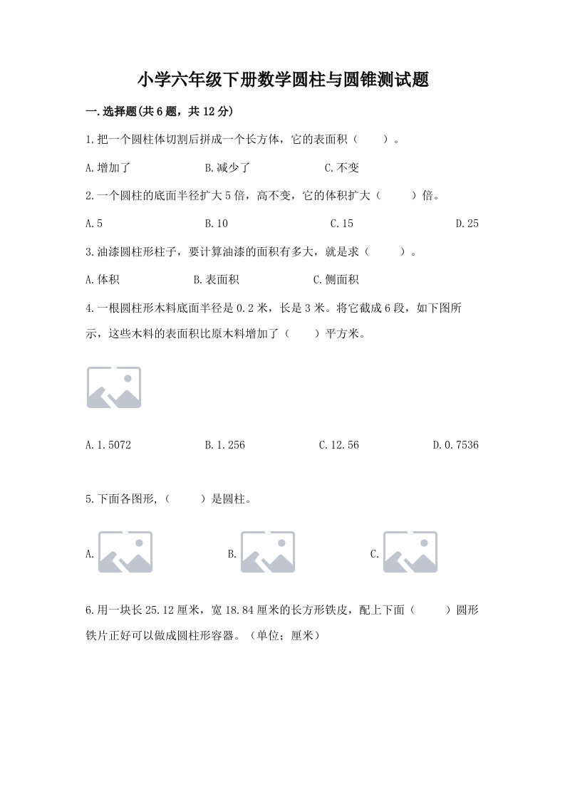 小学六年级下册数学圆柱与圆锥测试题精选答案