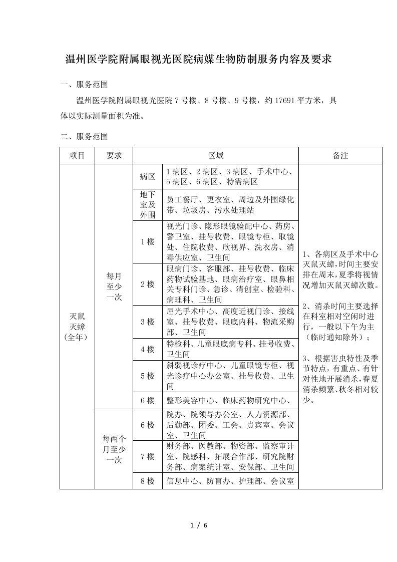 温州医学院附属眼视光医院病媒生物防制服务内容及要求