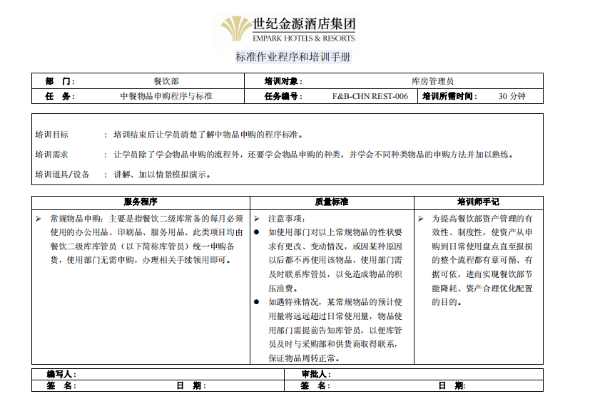 中餐物品申购程序与标准