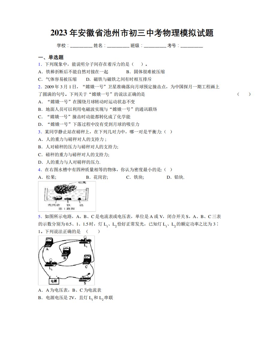 最新2023年安徽省池州市初三中考物理模拟试题及解析