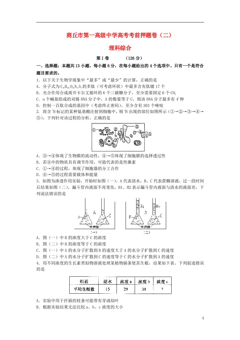 河南省商丘市第一高级中学高三理综考前押题考试试题（二）