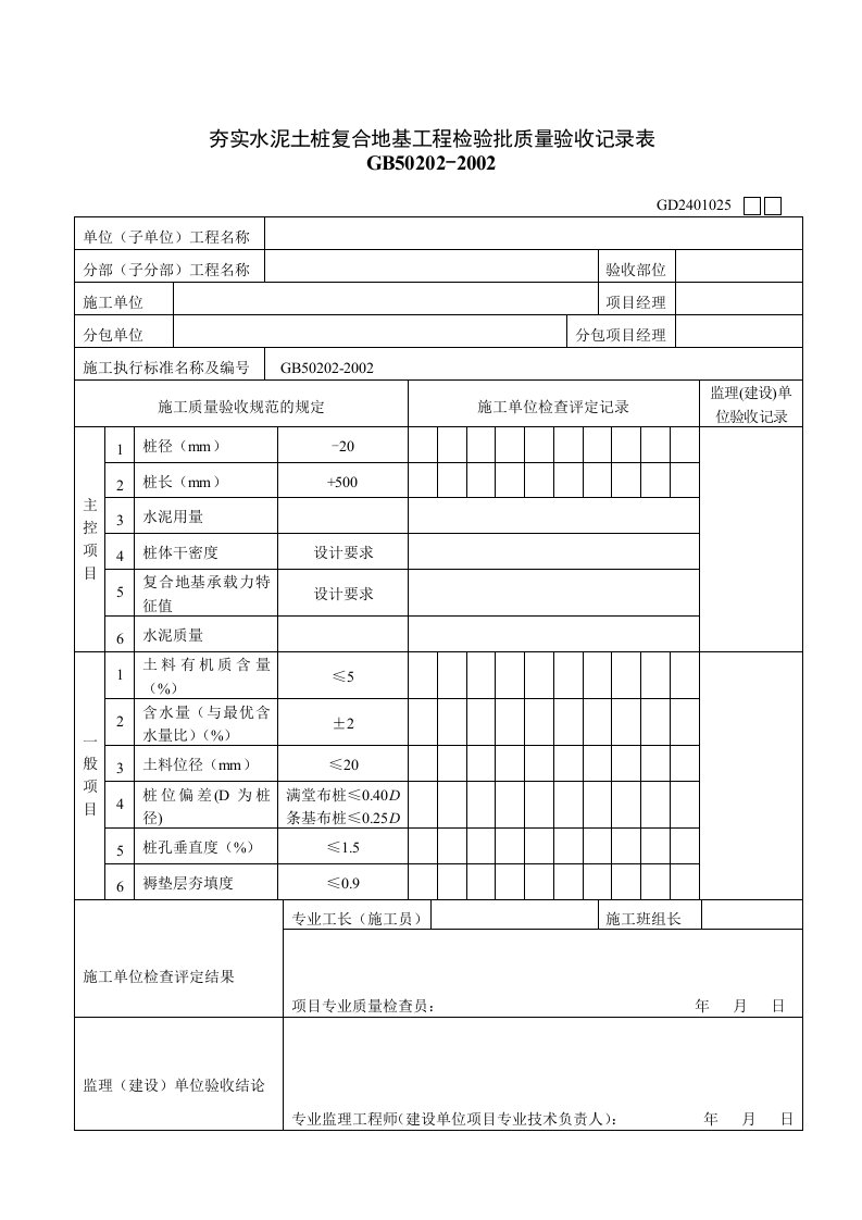 夯实水泥土桩复合地基工程检验批质量验收记录表