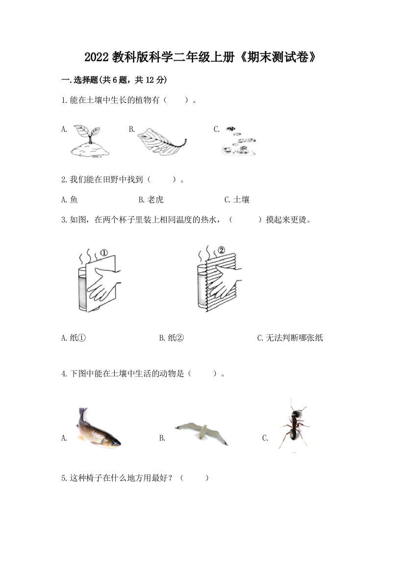 2022教科版科学二年级上册《期末测试卷》及参考答案（b卷）