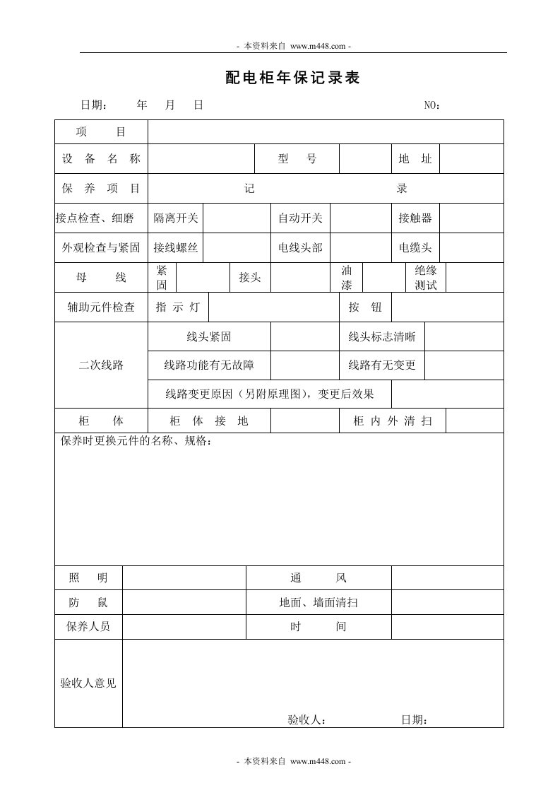 卓越物业服务中心工程部全套质量记录表QR-0174706配电柜年保记录表-质量制度表格