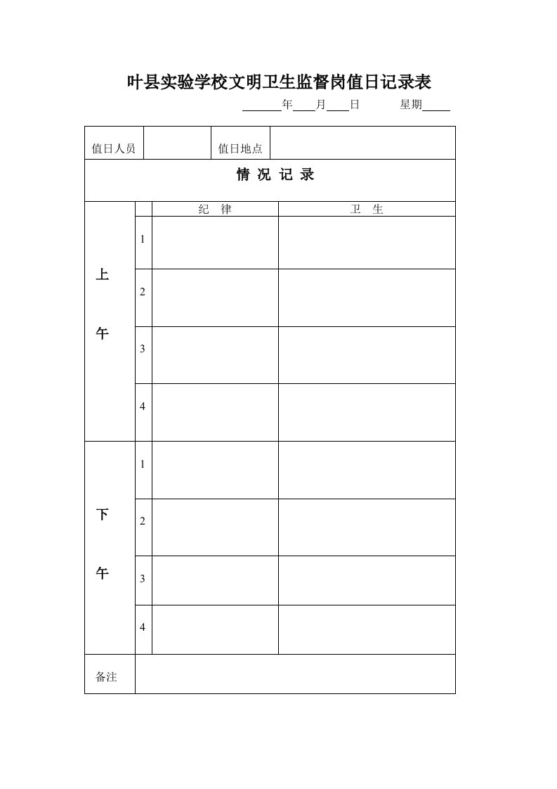 叶县实验学校文明卫生监督岗值日记录表