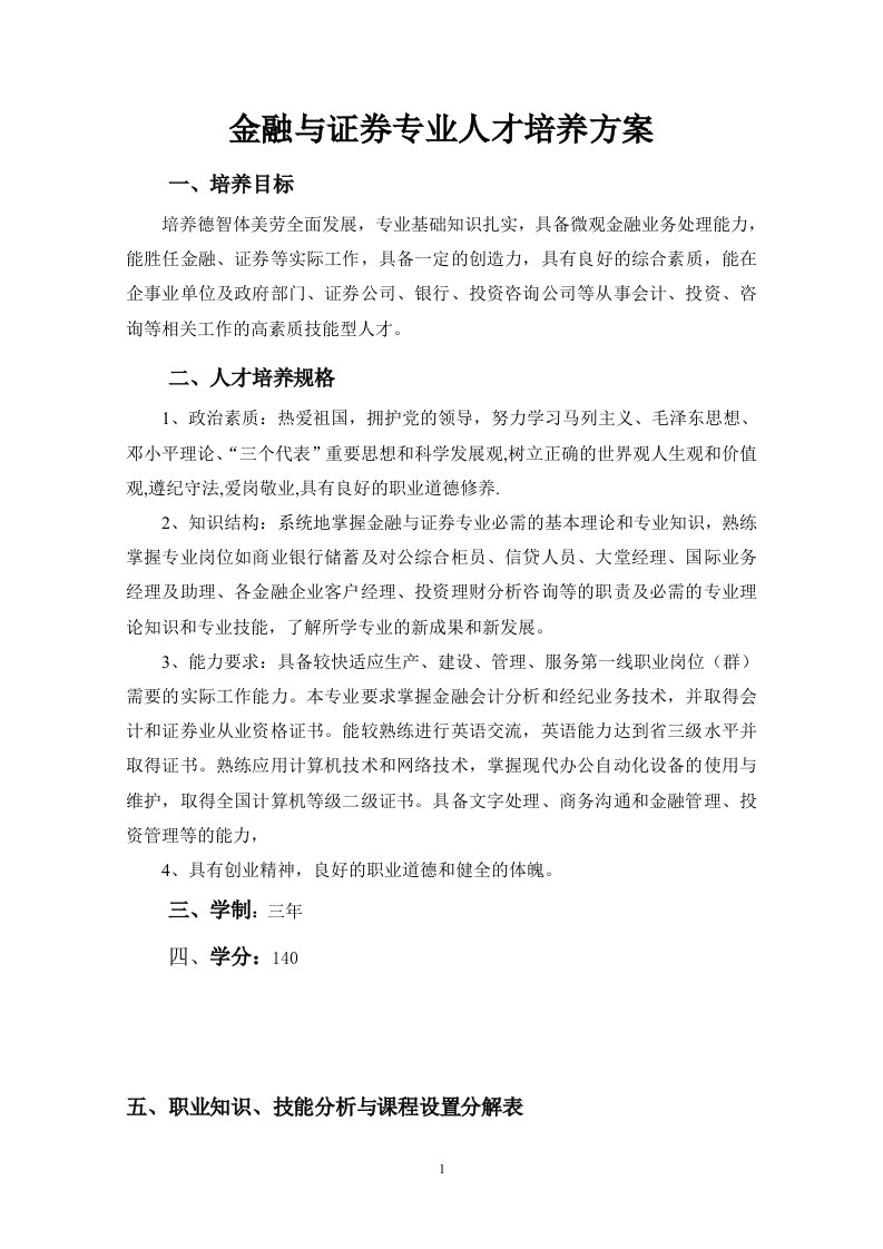 金融与证卷人才培养方案