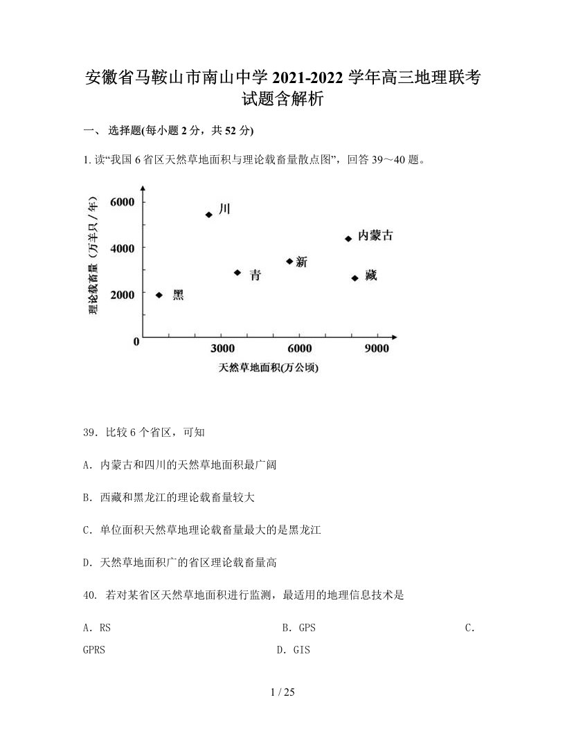 安徽省马鞍山市南山中学2021-2022学年高三地理联考试题含解析