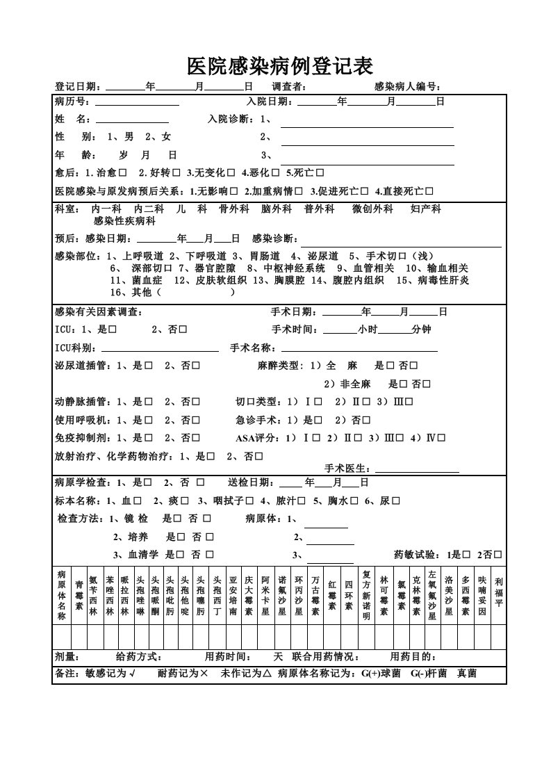 医院感染病例登记表(新)