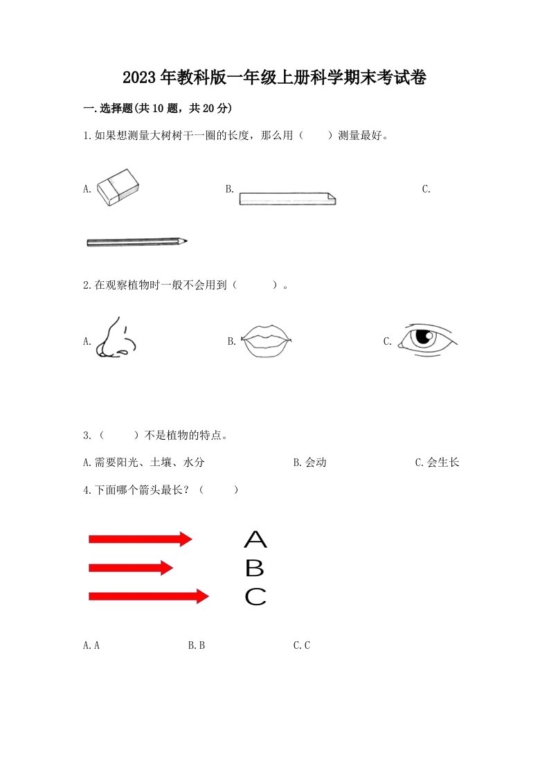 2023年教科版一年级上册科学期末考试卷（含答案）