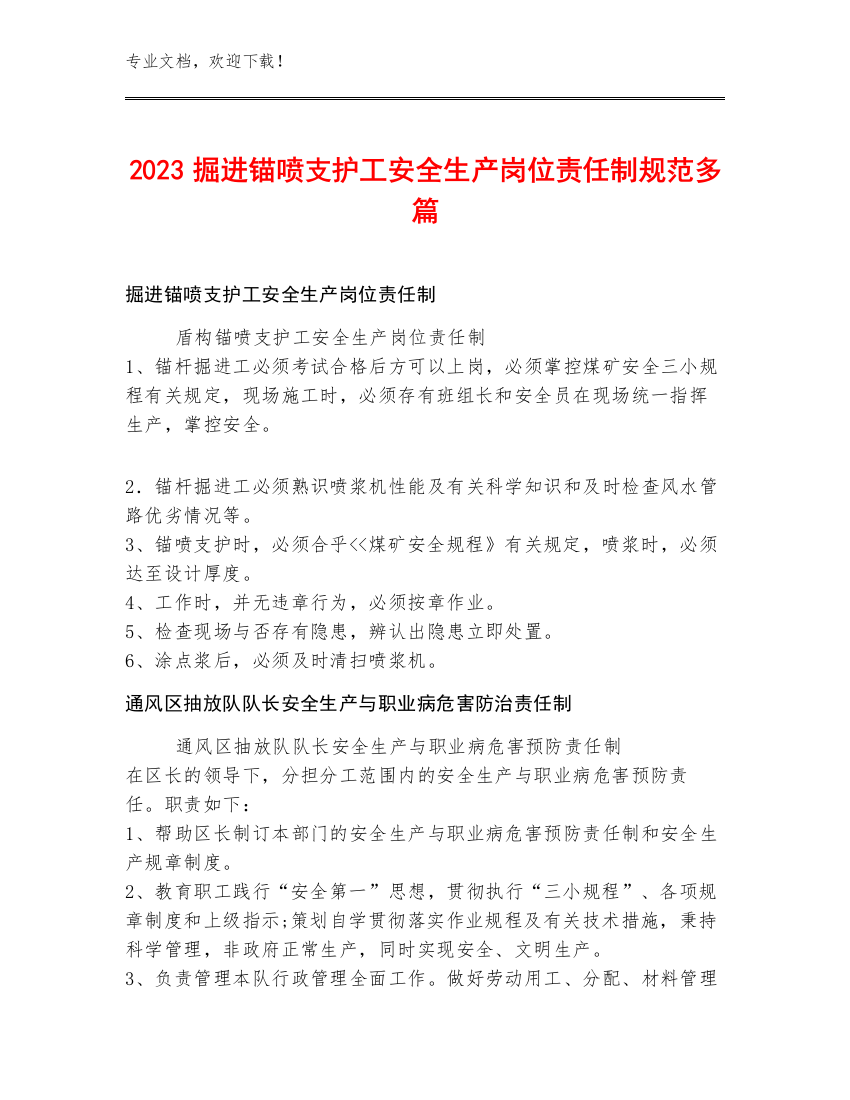 2023掘进锚喷支护工安全生产岗位责任制规范多篇