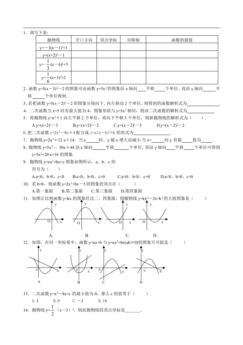 二次函数测试练习题