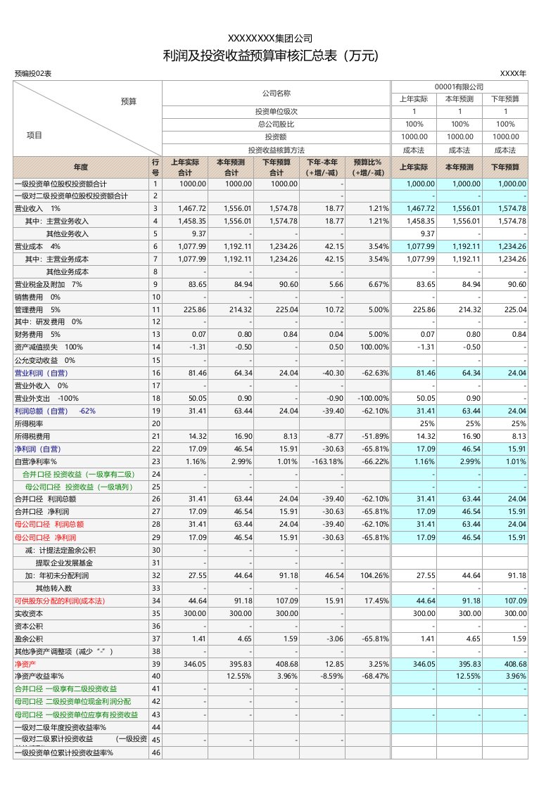 企业管理-20公司财务年度利润及投资收益预算表