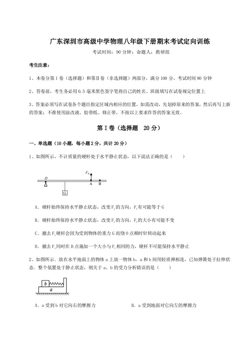 达标测试广东深圳市高级中学物理八年级下册期末考试定向训练试卷（含答案详解）