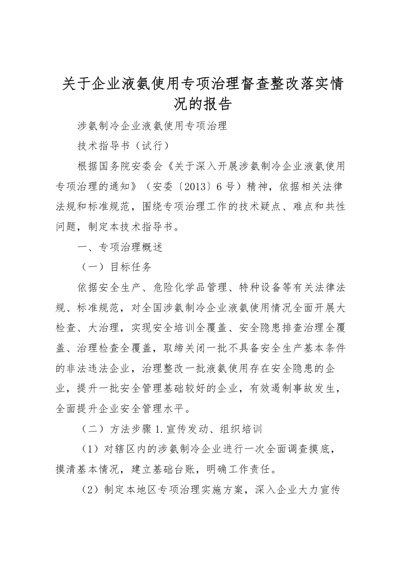 2022年关于企业液氨使用专项治理督查整改落实情况的报告