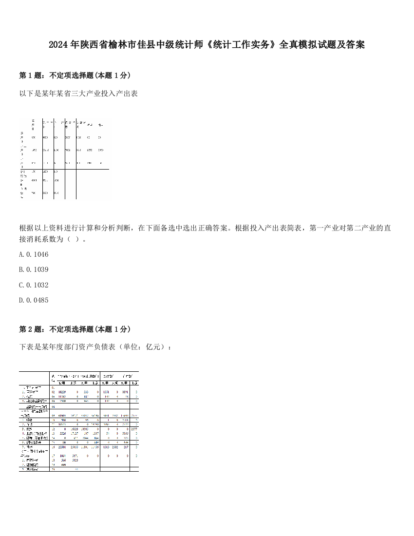 2024年陕西省榆林市佳县中级统计师《统计工作实务》全真模拟试题及答案