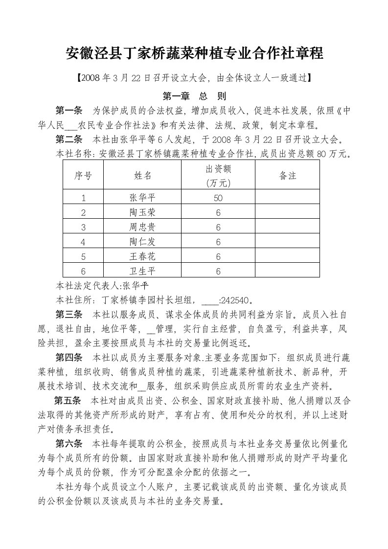 安徽泾县丁家桥蔬菜种植专业合作社章程