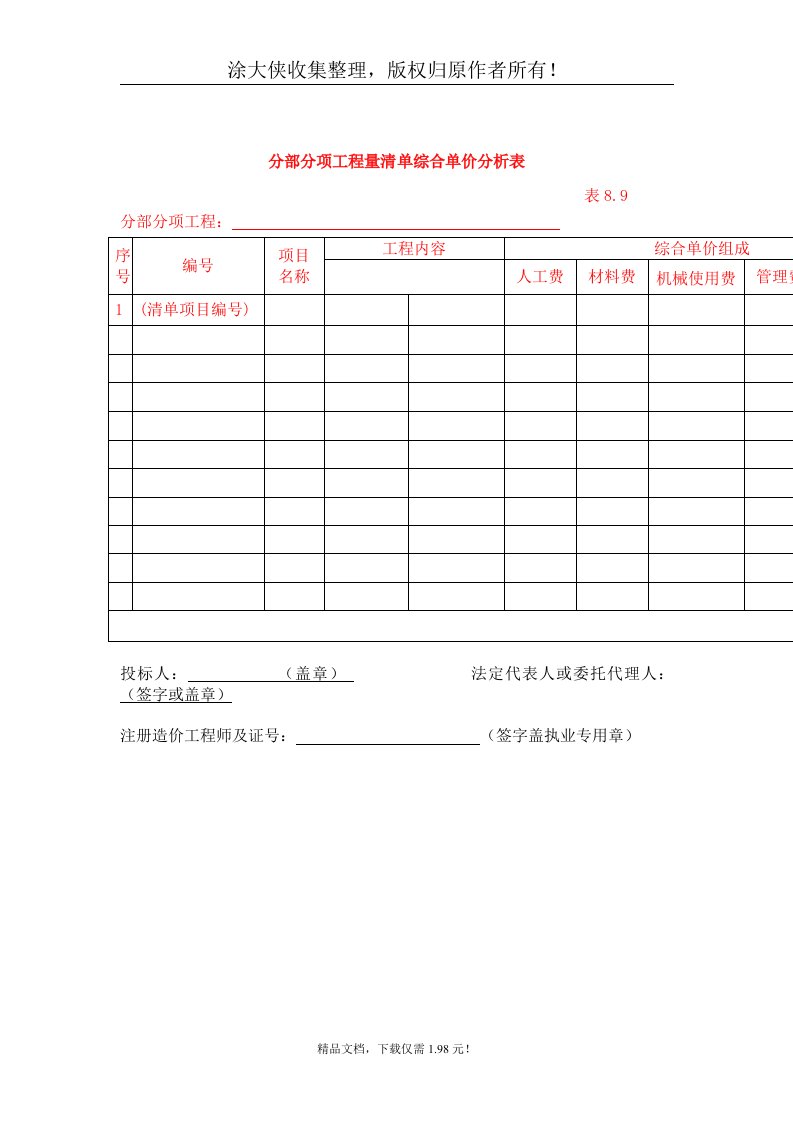 【管理精品】分部分项工程量清单综合单价分析表