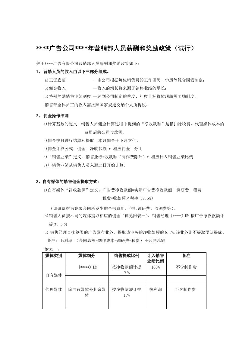 建筑资料-广告公司销售人员薪酬和奖励政策试行